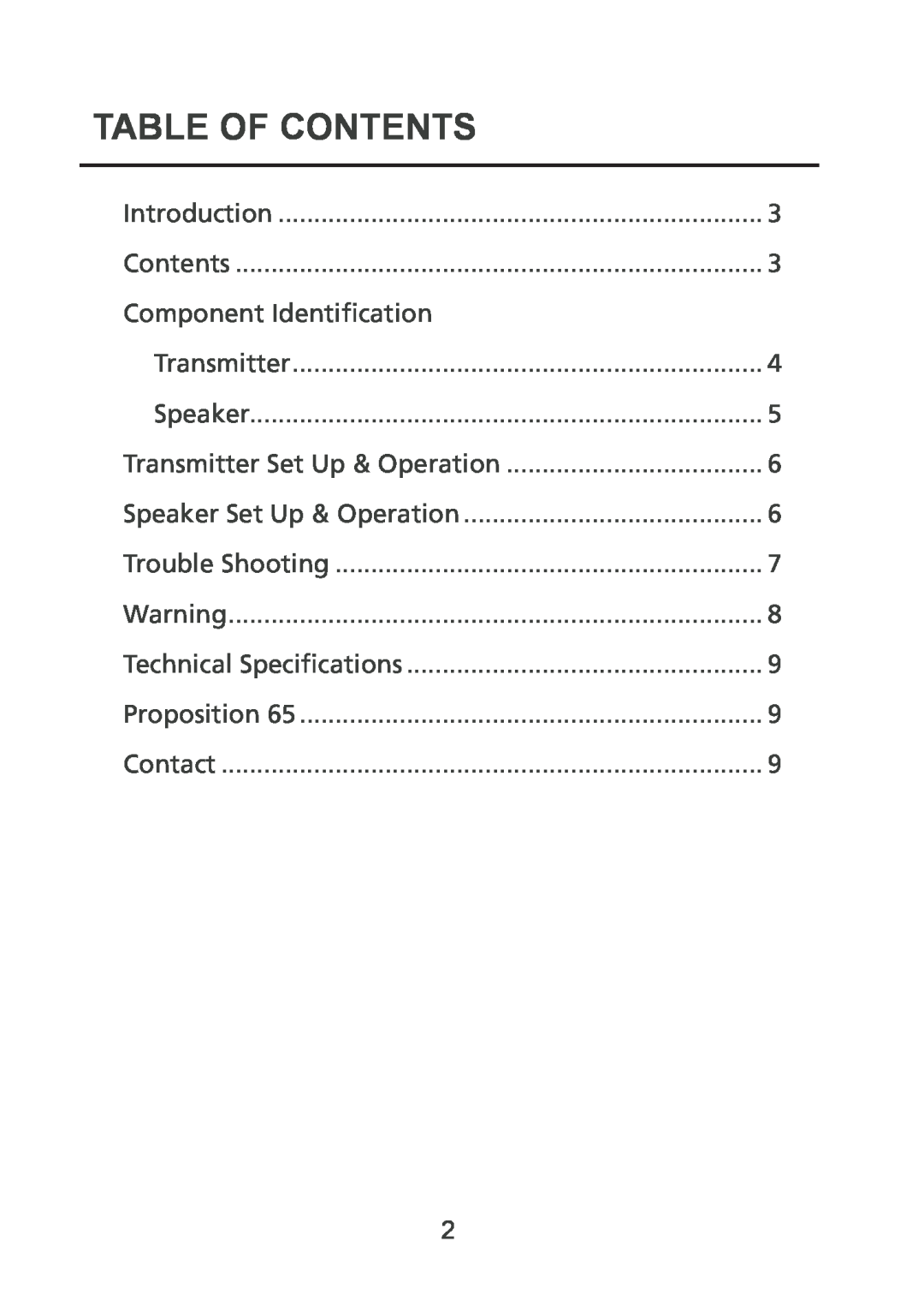 Grace WPBULLET manual Table Of Contents 