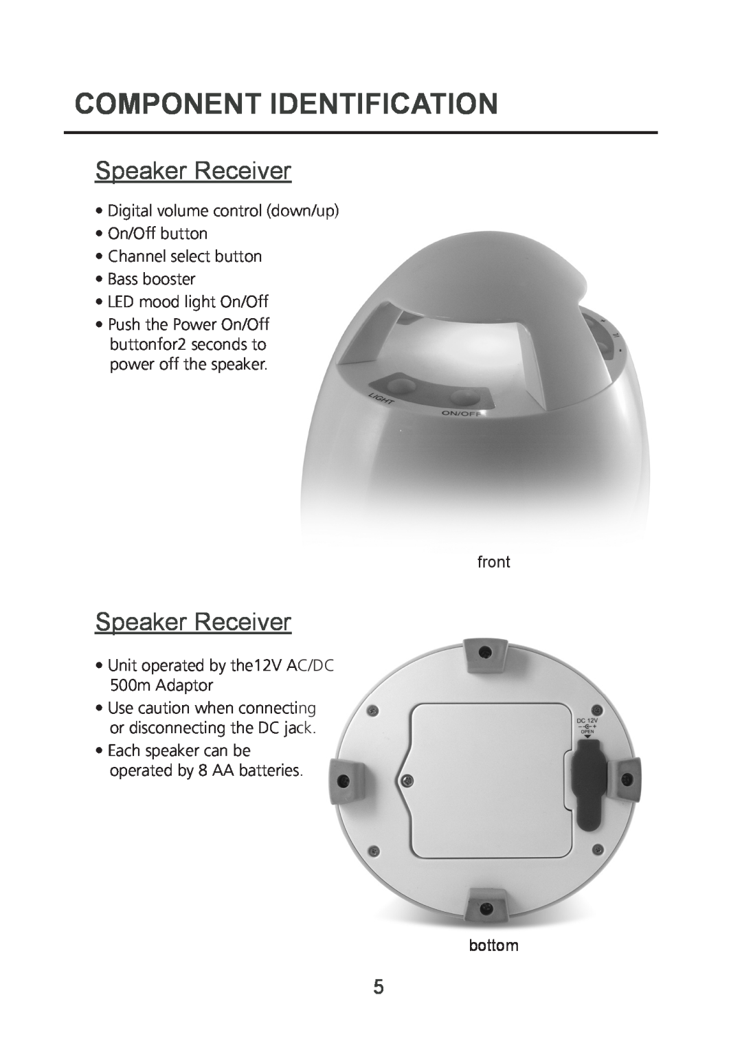 Grace WPBULLET Speaker Receiver, Component Identification, Digital volume control down/up On/Off button, front, bottom 