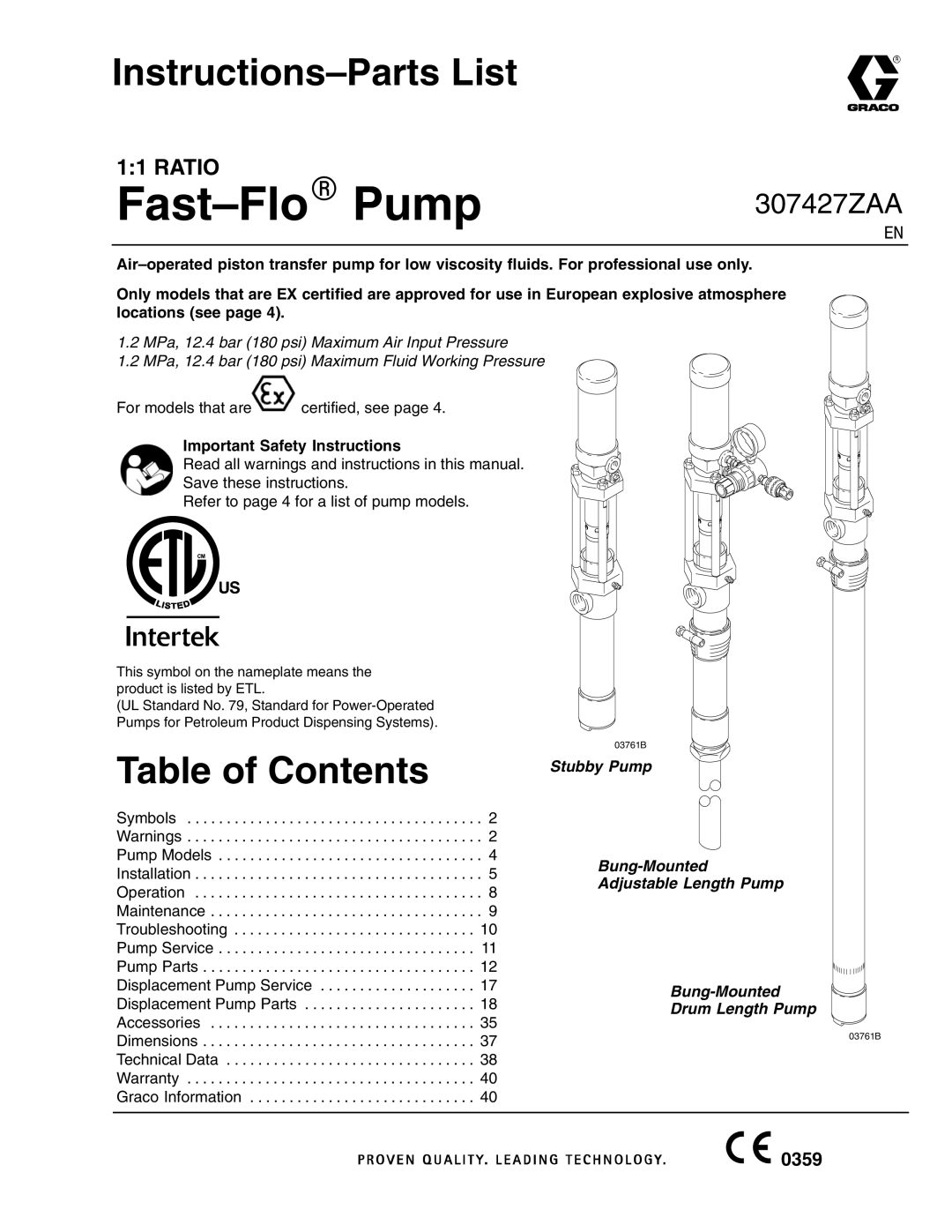 Graco 03761B dimensions Instructions-Parts List, Table of Contents 