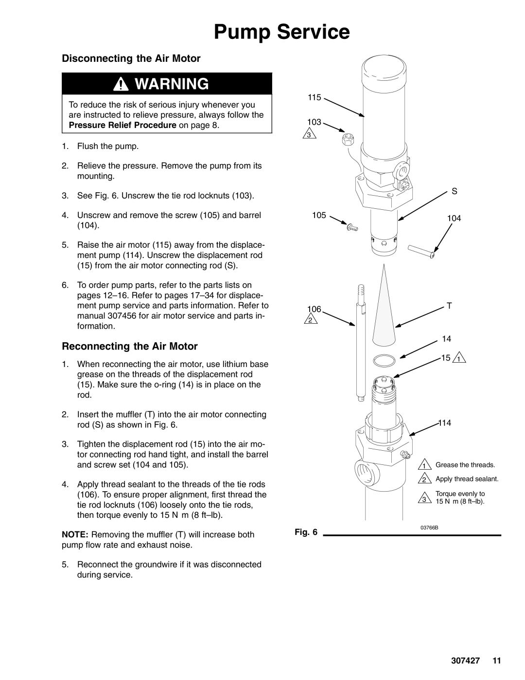 Graco 03761B dimensions Pump Service, Disconnecting the Air Motor, Reconnecting the Air Motor, Pressure Relief Procedure on 