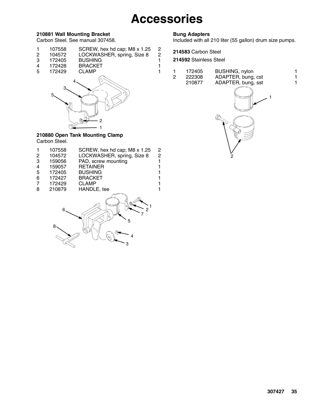 Graco 03761B Accessories, Wall Mounting Bracket Carbon Steel. See manual, Open Tank Mounting Clamp, Bung Adapters 