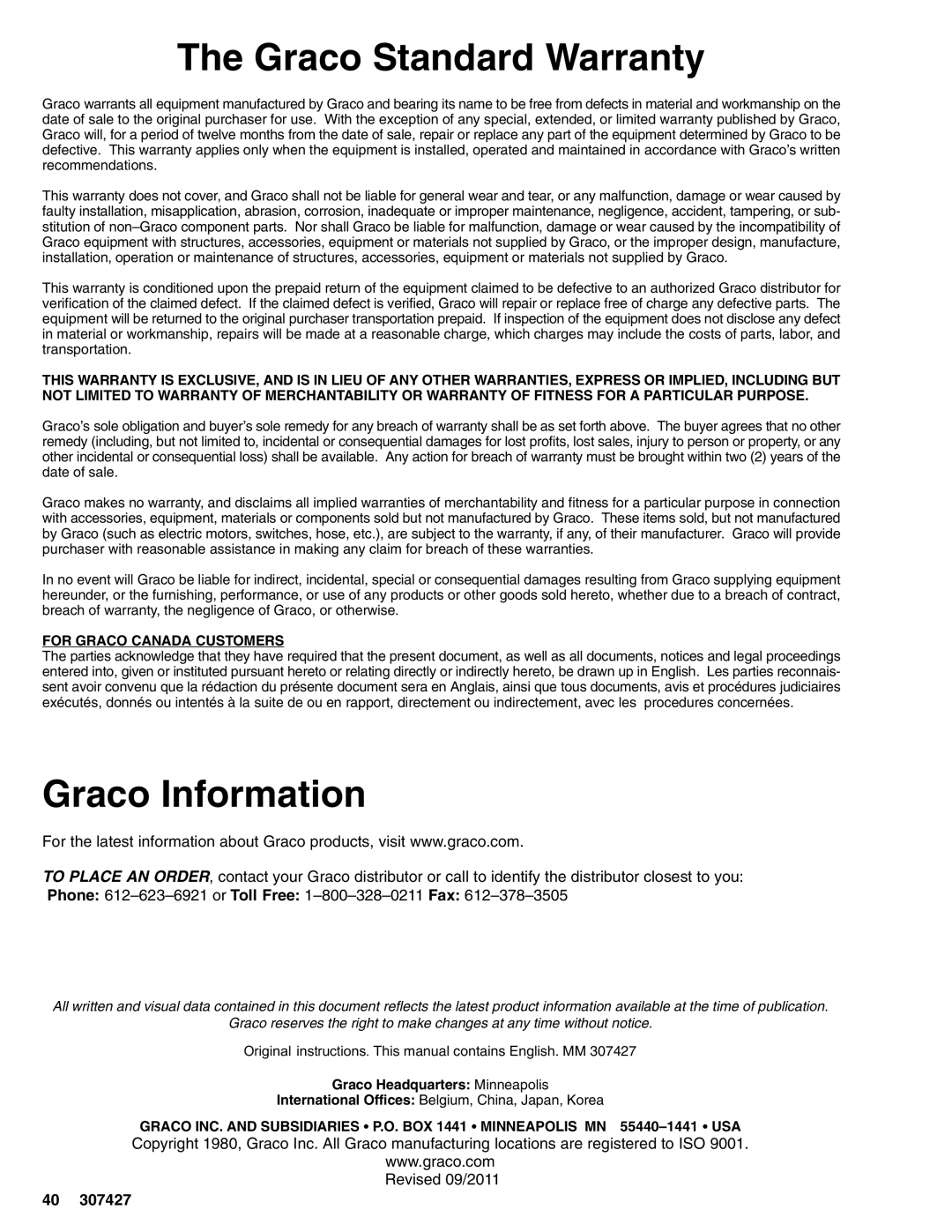 Graco 03761B dimensions Graco Standard Warranty, Graco Information 