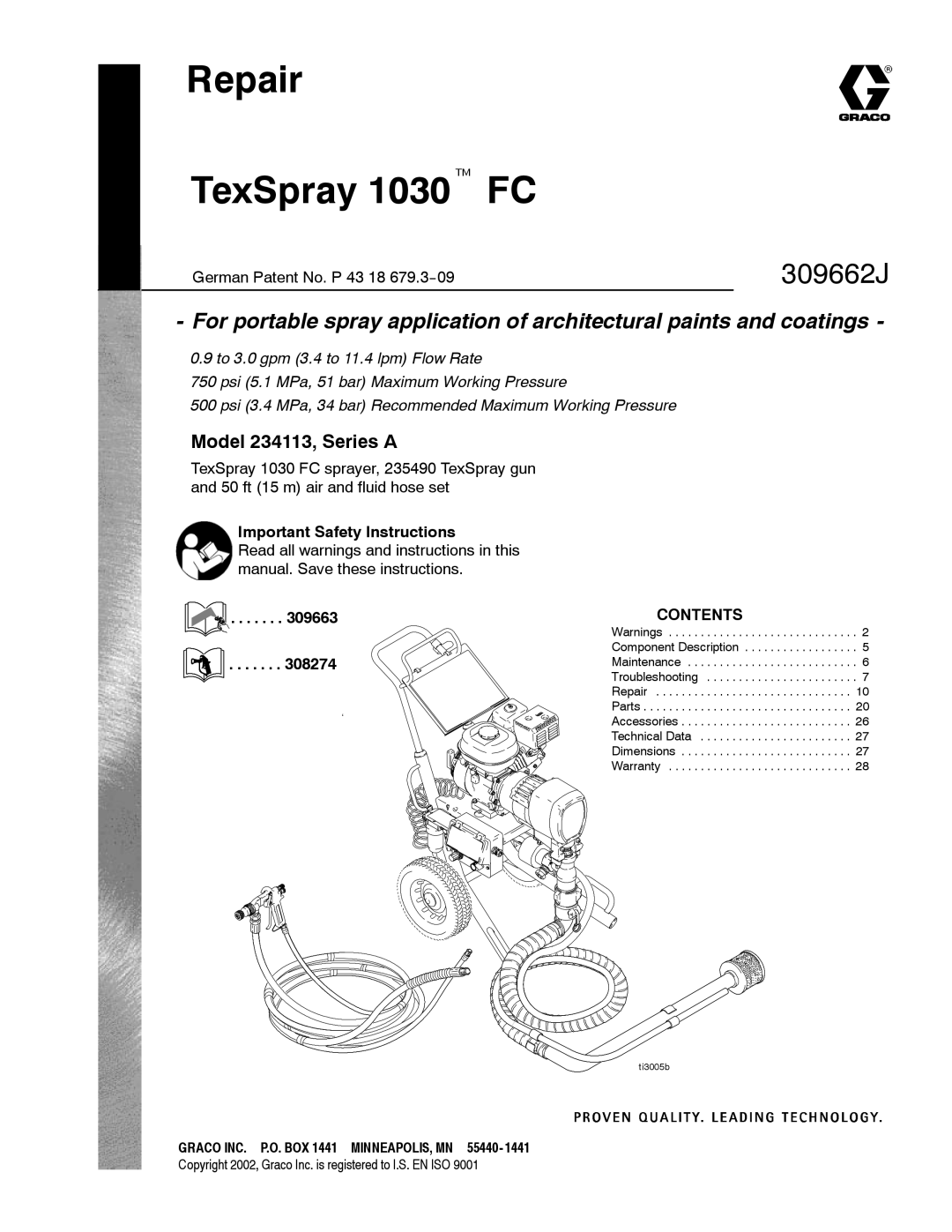 Graco dimensions Repair TexSpray 1030t FC, Model 234113, Series a 