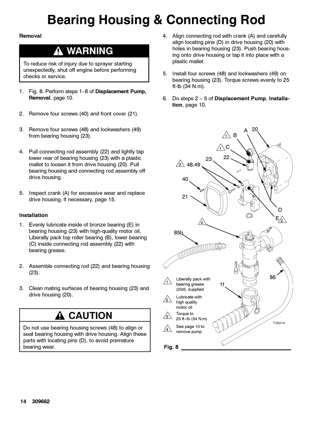 Graco 1030 Bearing Housing & Connecting Rod, Removal, Do steps 2 -- 5 of Displacement Pump, Installa- tion, Installation 