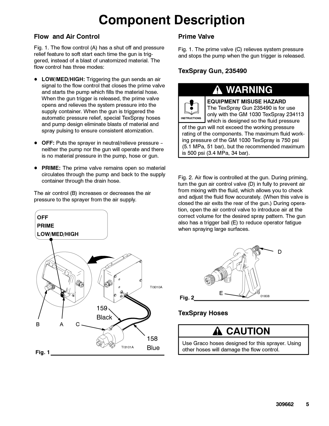 Graco 1030 dimensions Component Description, Flow and Air Control, Prime Valve, TexSpray Gun, TexSpray Hoses 