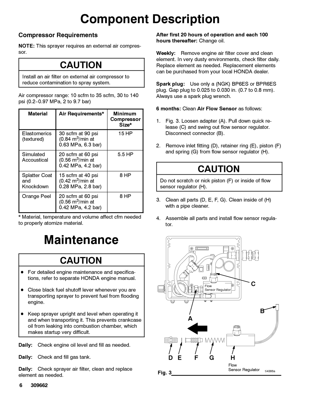 Graco 1030 dimensions Maintenance, Compressor Requirements, Material Air Requirements Minimum Compressor 