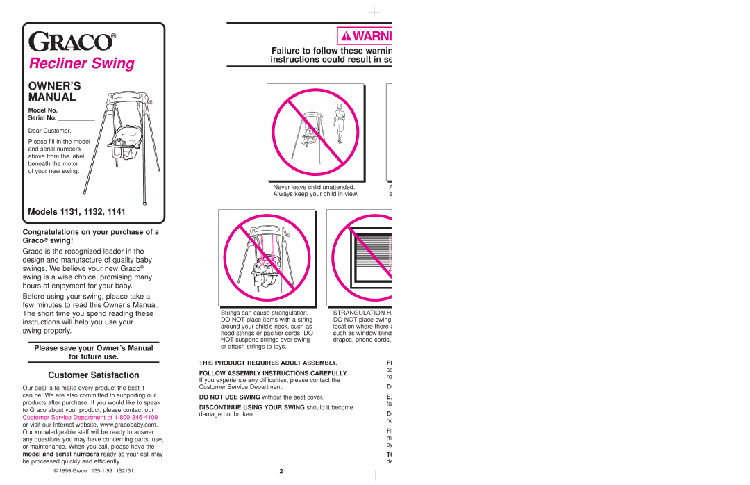 Graco 1131, 1132, 1141 owner manual Models 1131, 1132, Customer Satisfaction, For future use, Strangulation H 