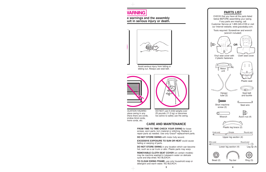 Graco 1131, 1132, 1141 owner manual Care and Maintenance, Ulation Hazard 