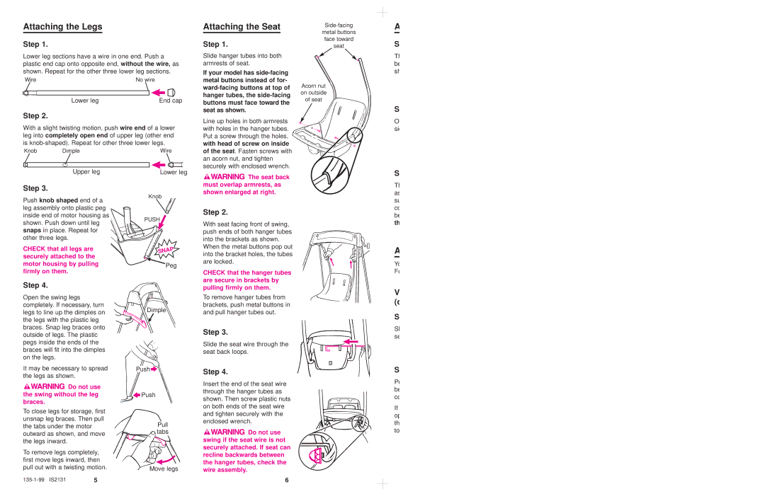 Graco 1131, 1132, 1141 owner manual Attaching the Legs, Attaching the Seat, Step 