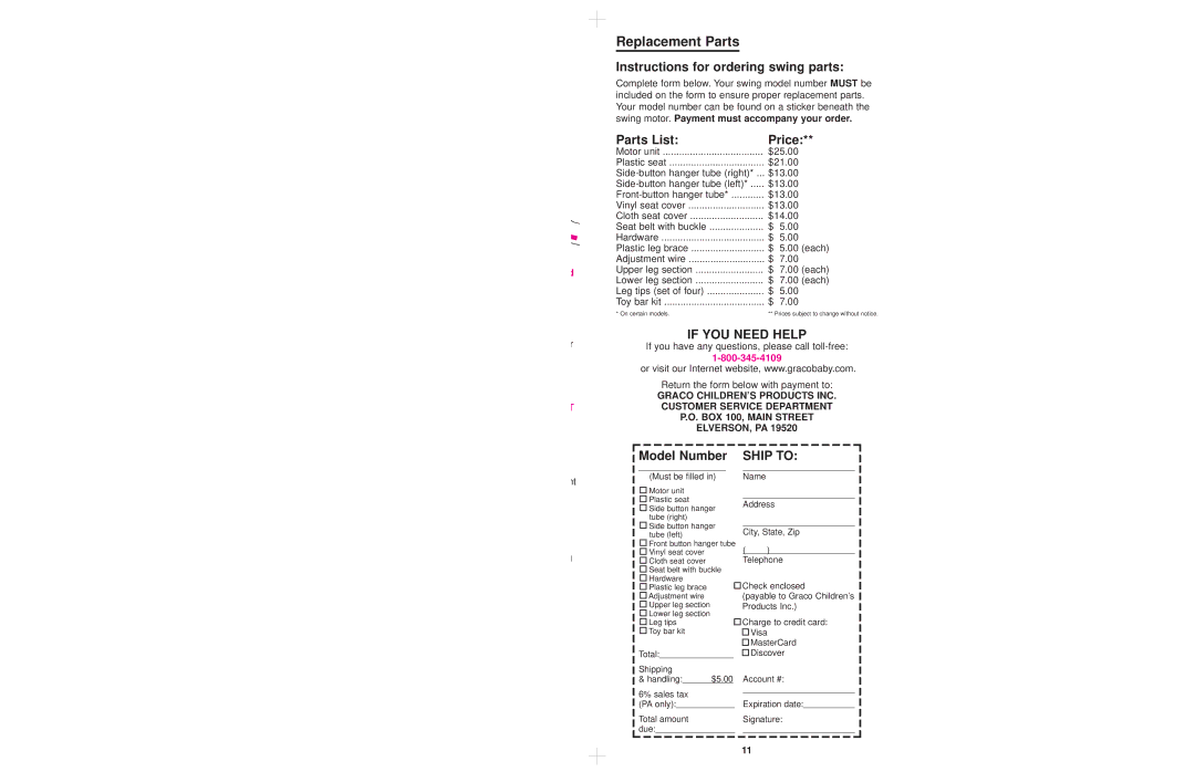 Graco 1131, 1132, 1141 Replacement Parts, Instructions for ordering swing parts, Parts List Price, Model Number 