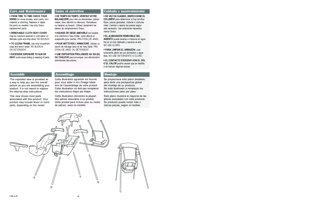 Graco 1136, 1135 Care and Maintenance, Soins et entretien, Cuidado y mantenimiento, Assembly, Assemblage, Montaje 