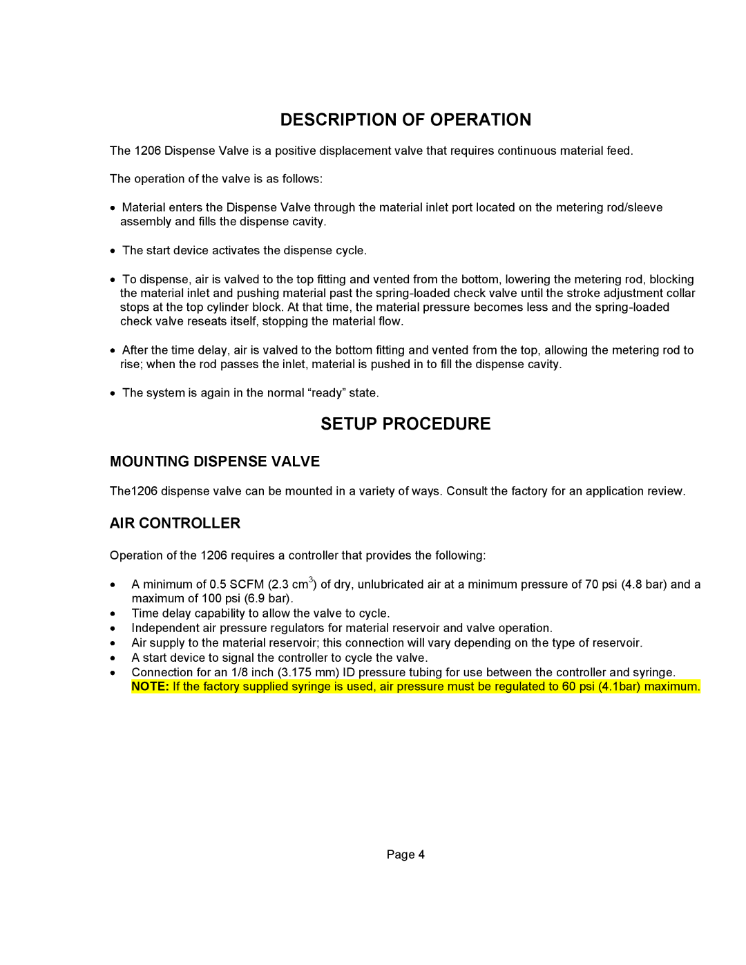 Graco 1206 important safety instructions Description of Operation, Setup Procedure, Mounting Dispense Valve, AIR Controller 