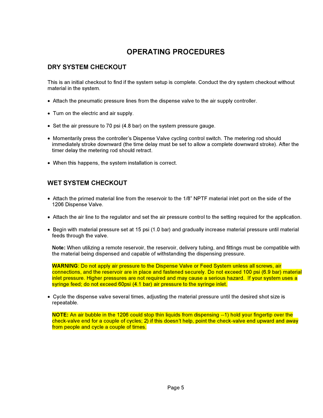 Graco 1206 important safety instructions Operating Procedures, DRY System Checkout, WET System Checkout 