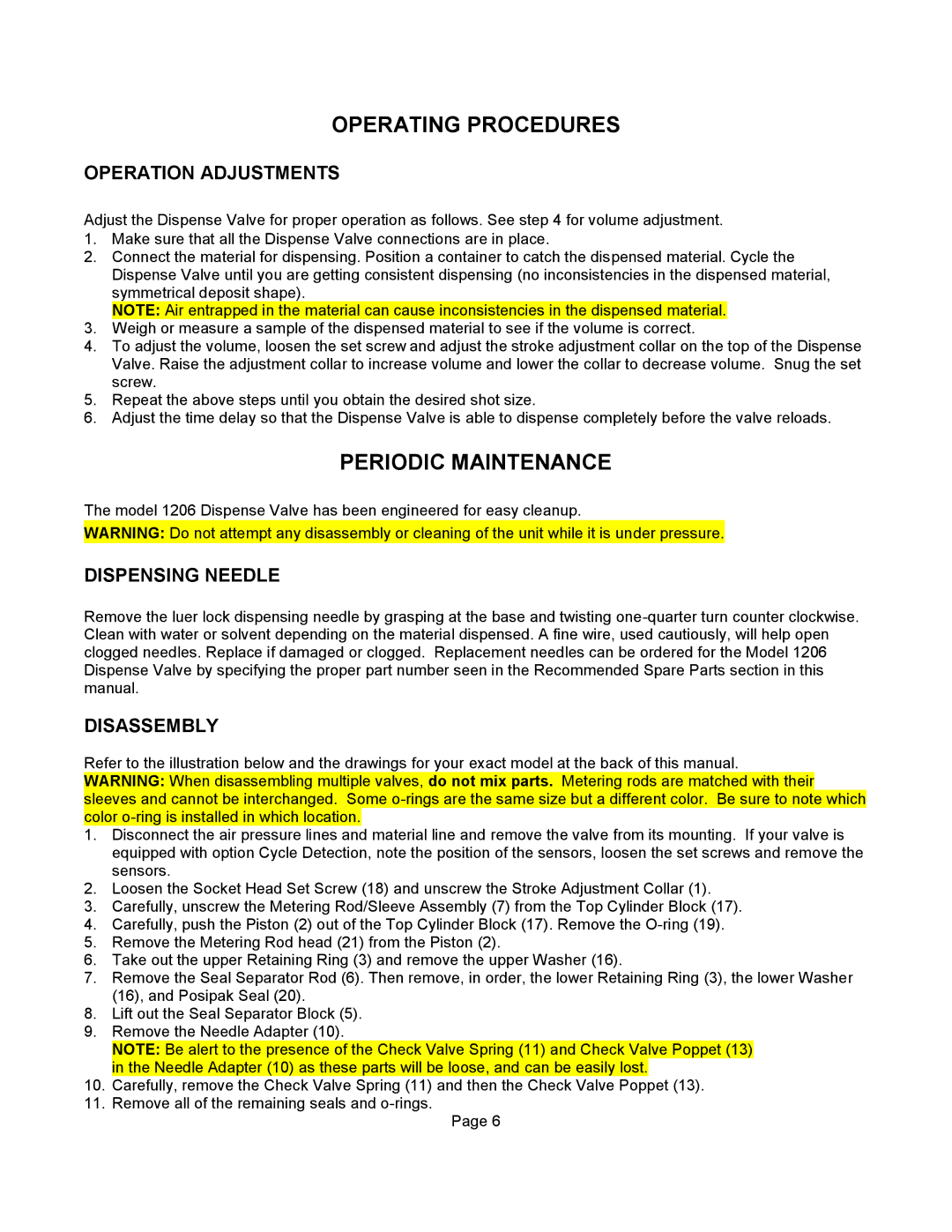 Graco 1206 important safety instructions Periodic Maintenance, Operation Adjustments, Dispensing Needle, Disassembly 