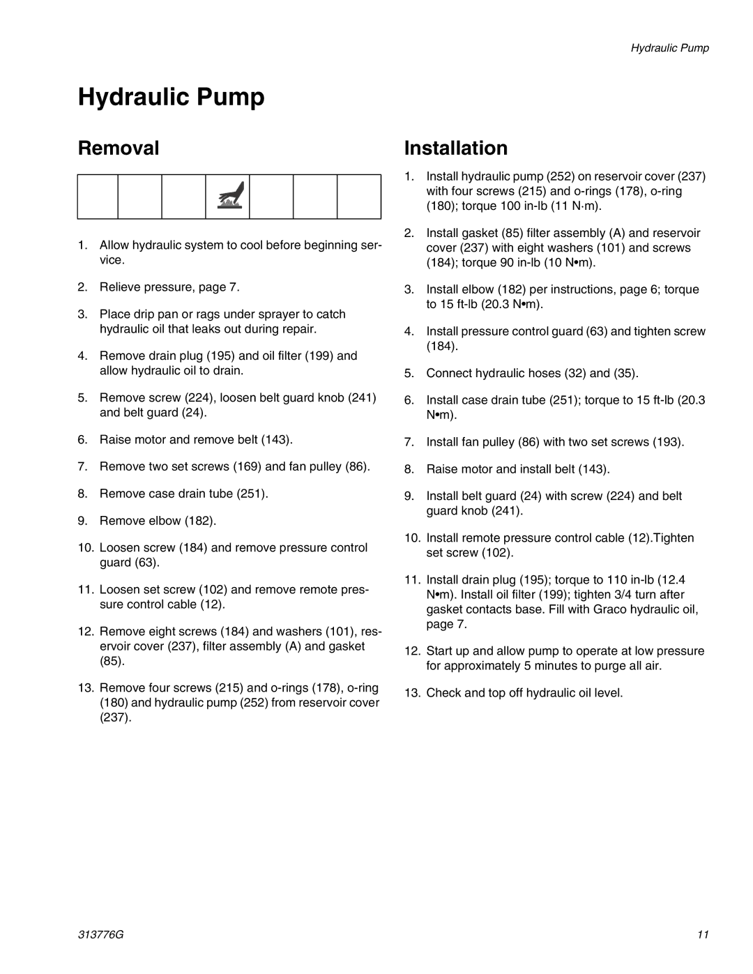 Graco 130HS important safety instructions Hydraulic Pump, Removal, Installation 