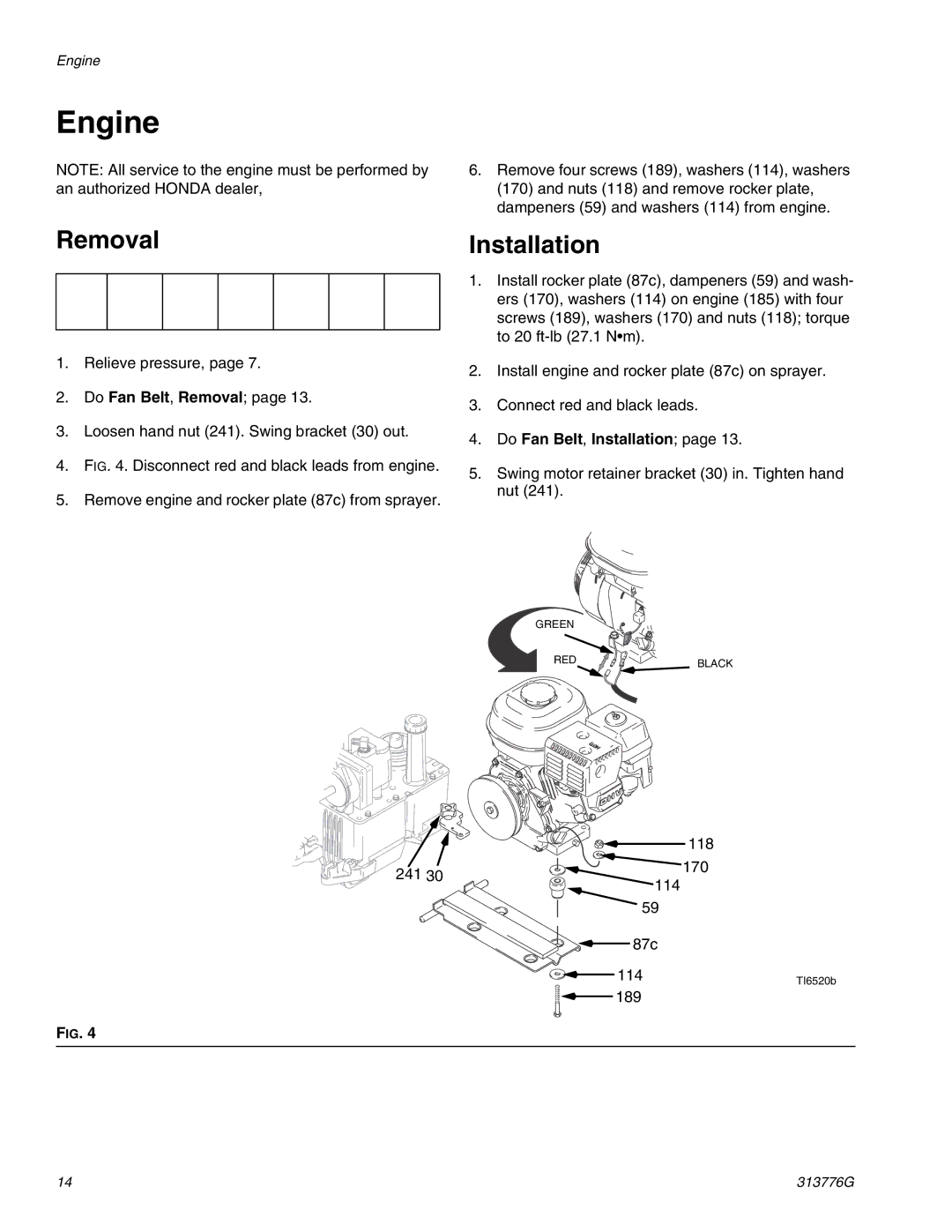 Graco 130HS important safety instructions Engine, Do Fan Belt, Installation 