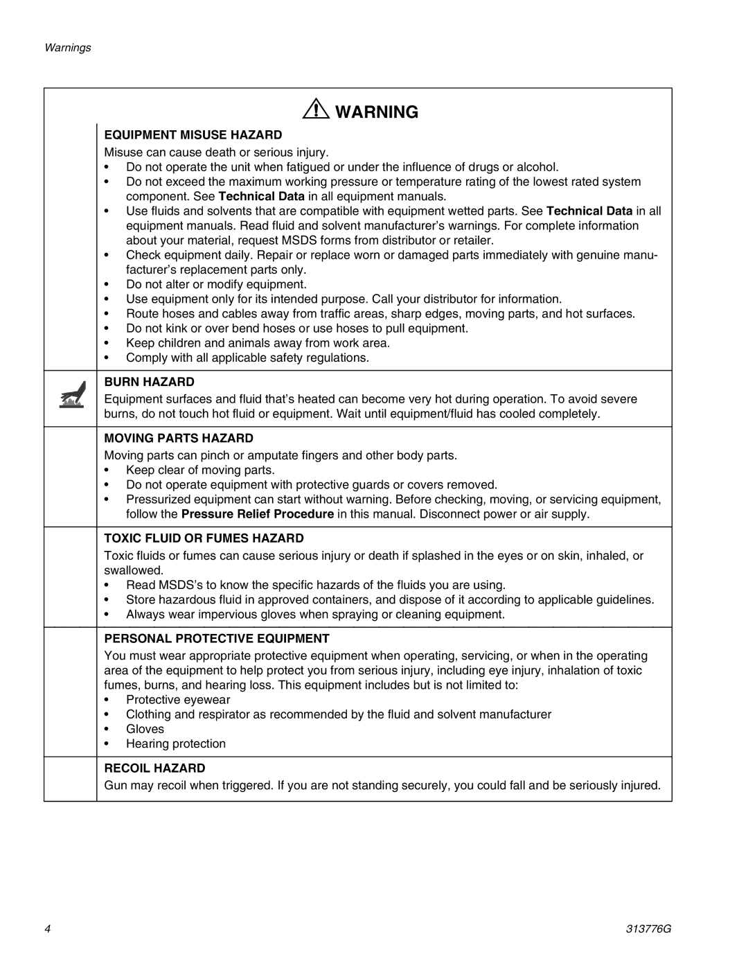 Graco 130HS important safety instructions Equipment Misuse Hazard 