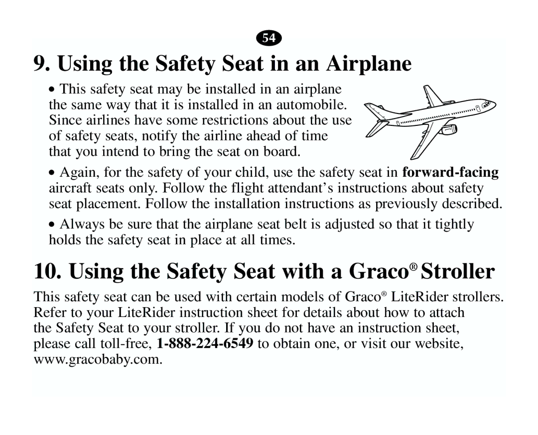 Graco 13785-7-00 manual Using the Safety Seat in an Airplane, Using the Safety Seat with a Graco Stroller 