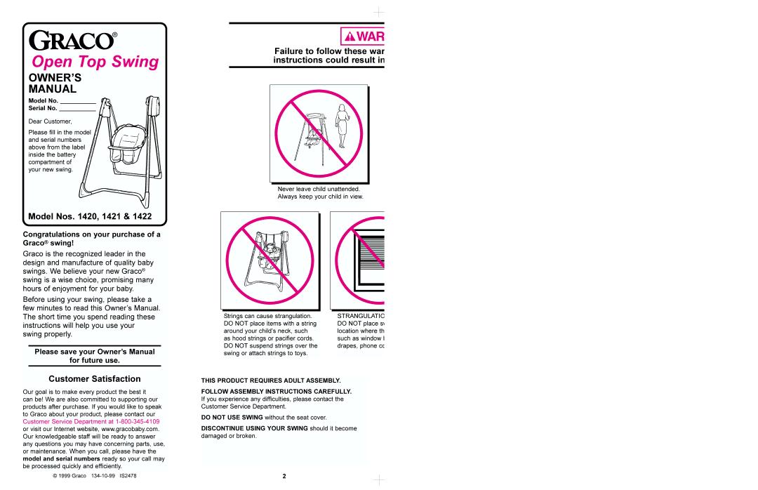 Graco 1422, 1420 manual Model Nos , 1421, Customer Satisfaction, Failure to follow these war instructions could result 