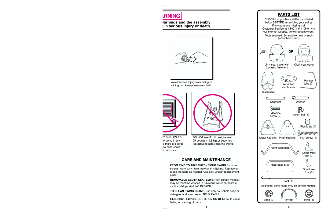 Graco 1420, 1422, 1421 manual Care and Maintenance, Ation Hazard 