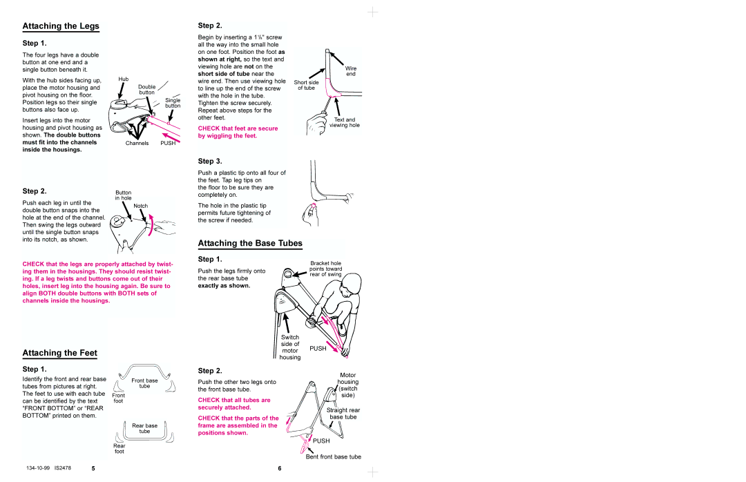 Graco 1422, 1421, 1420 manual Attaching the Legs, Attaching the Feet, Attaching the Base Tubes, Step, Exactly as shown 