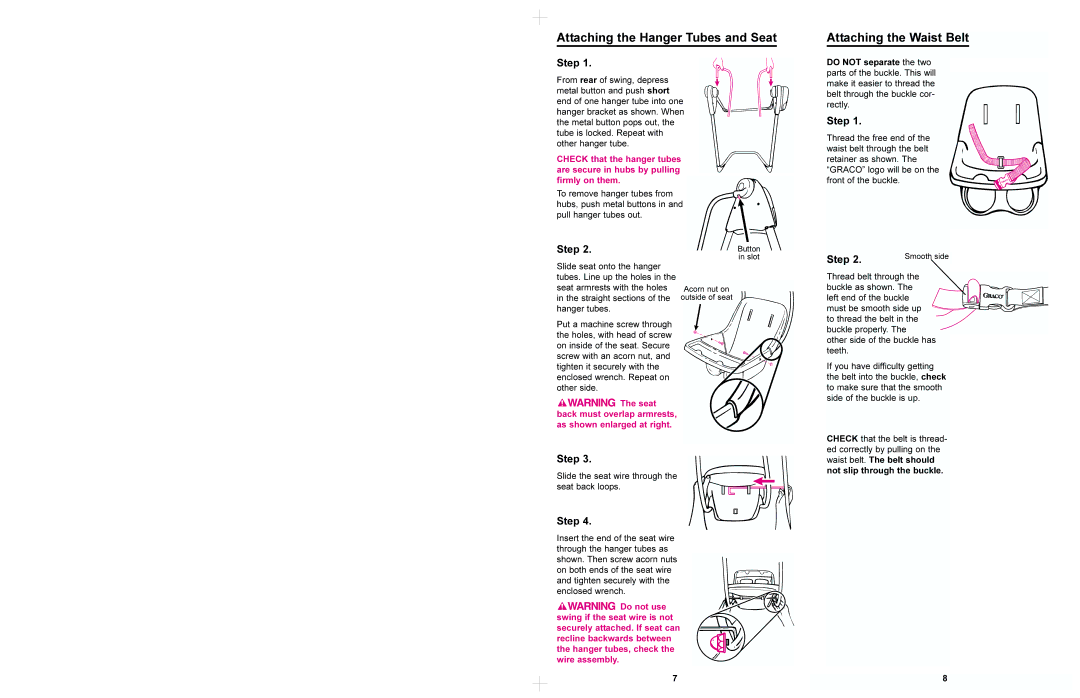 Graco 1421, 1422, 1420 manual Attaching the Hanger Tubes and Seat, Attaching the Waist Belt 