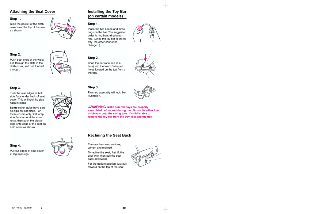 Graco 1420, 1422, 1421 manual Attaching the Seat Cover, Reclining the Seat Back, Installing the Toy Bar on certain models 