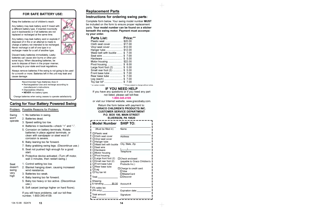 Graco 1421, 1422, 1420 manual Caring for Your Battery Powered Swing, Replacement Parts 