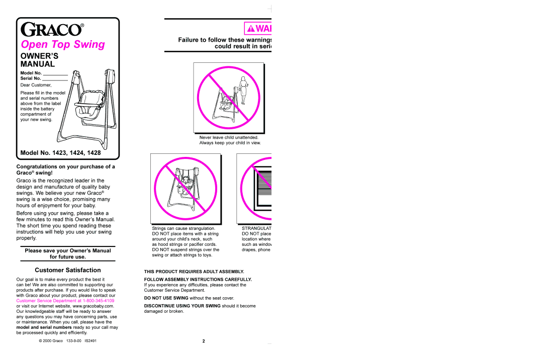 Graco 1423, 1424, 1428, 1434, 1435, 1464, 1468 manual Model No , 1424, Customer Satisfaction, For future use 