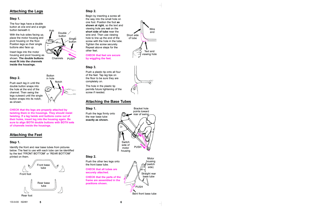 Graco 1423, 1424, 1428, 1434, 1435, 1464, 1468 Attaching the Legs, Attaching the Base Tubes, Attaching the Feet, Step 