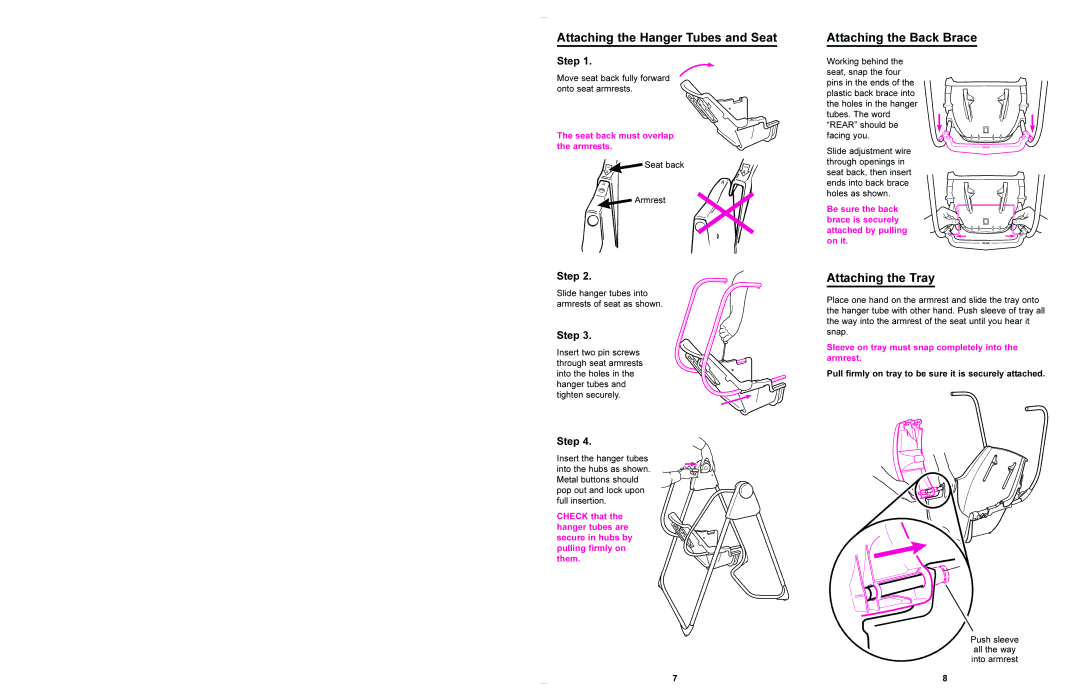 Graco 1423, 1424, 1428, 1434, 1435, 1464, 1468 manual Attaching the Hanger Tubes and Seat, Attaching the Back Brace 