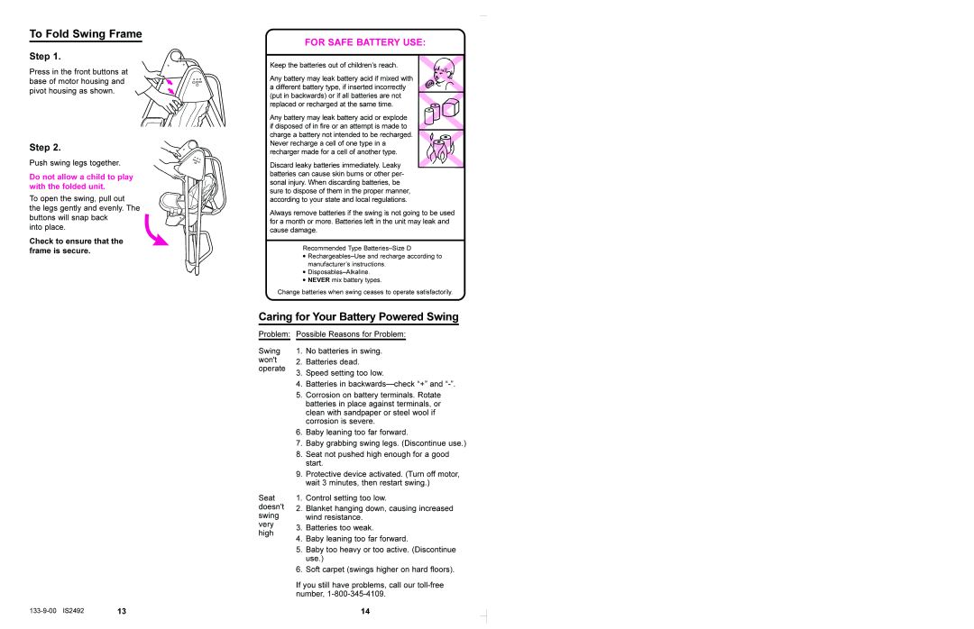 Graco 1423, 1424, 1428, 1434, 1435, 1464, 1468 manual To Fold Swing Frame, Caring for Your Battery Powered Swing 