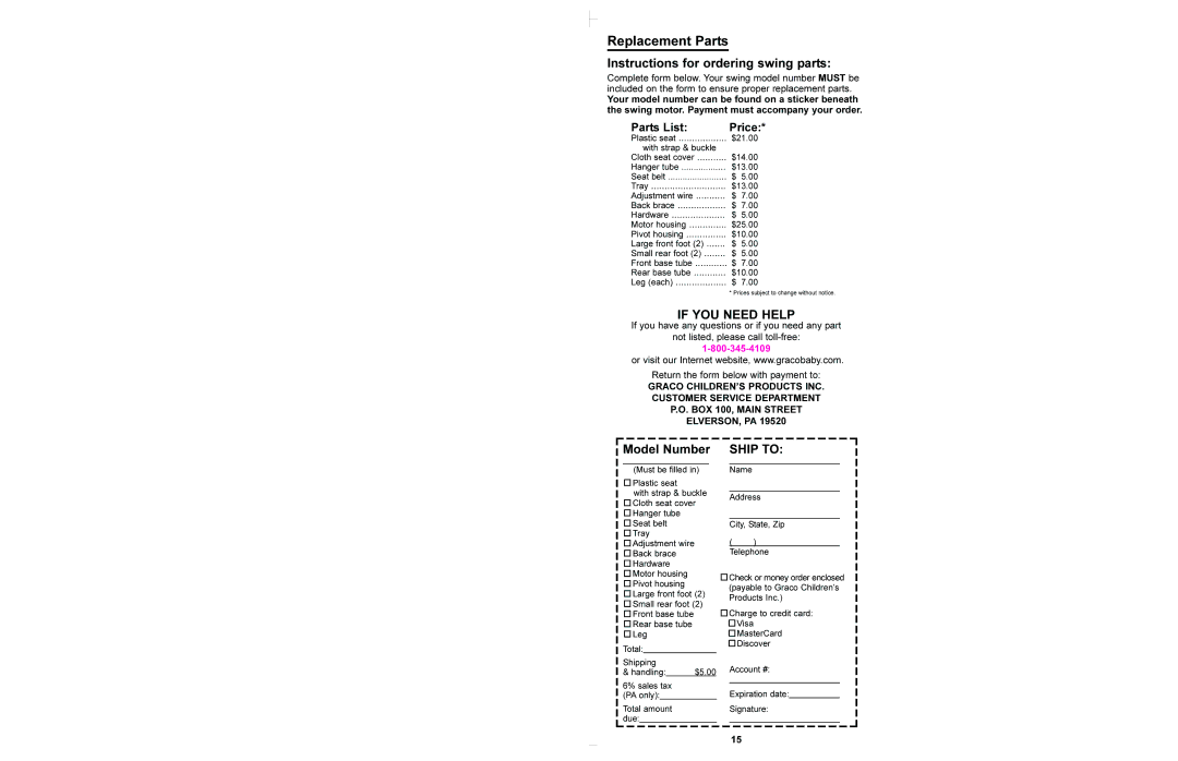 Graco 1423, 1424, 1428, 1434, 1435, 1464, 1468 manual Replacement Parts, Parts List Price 