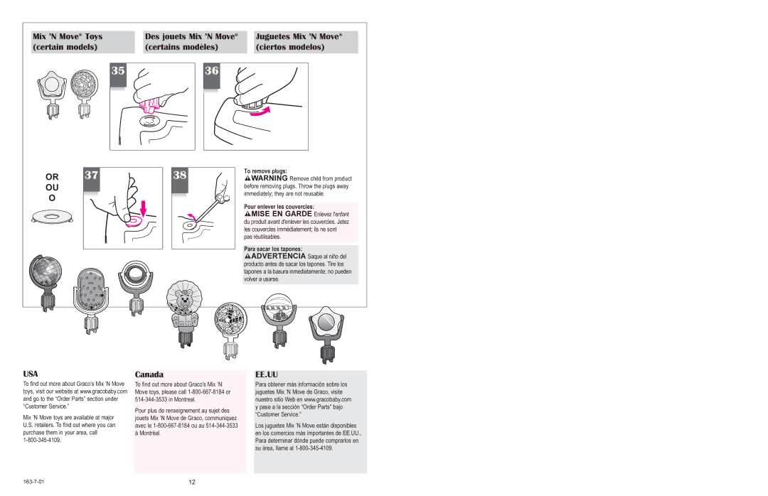 Graco 1423 owner manual Canada, To remove plugs Pour enlever les couvercles, Para sacar los tapones 