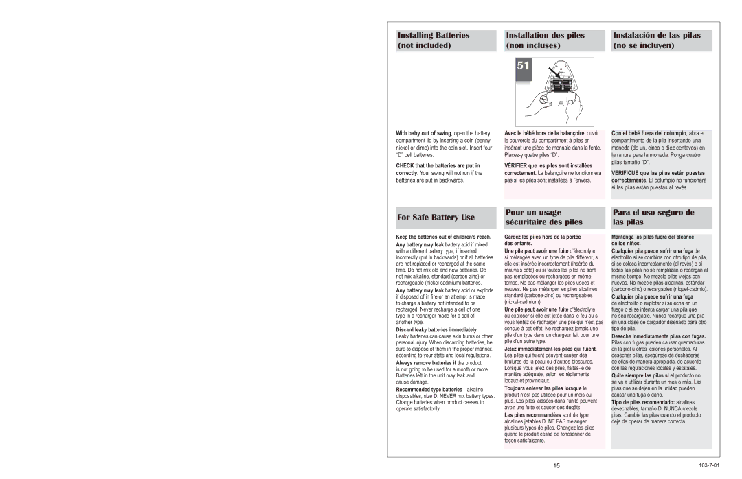 Graco 1423 owner manual For Safe Battery Use, Pour un usage sécuritaire des piles, Para el uso seguro de las pilas 