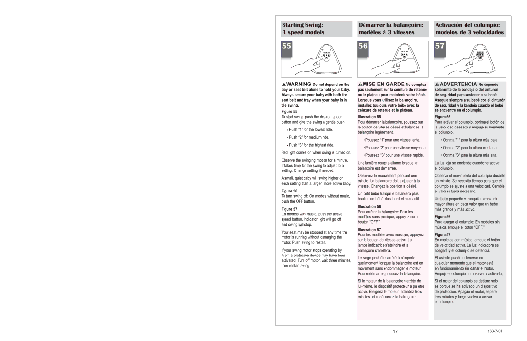 Graco 1423 Modèles à 3 vitesses, Starting Swing 3 speed models, Activación del columpio modelos de 3 velocidades 