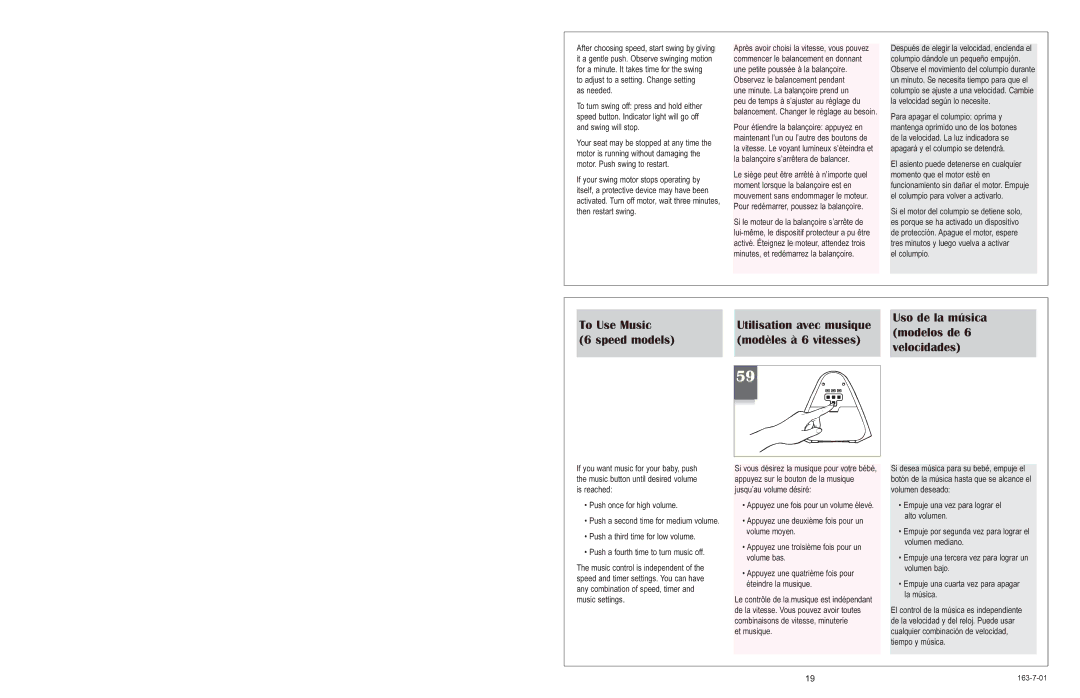 Graco 1423 owner manual To Use Music Speed models, Utilisation avec musique, Uso de la música modelos de 6 velocidades 