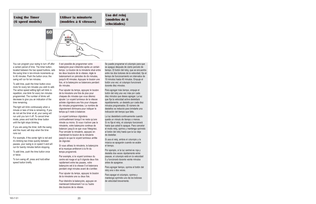 Graco 1423 Using the Timer Utiliser la minuterie Uso del reloj, Speed models Modèles à 6 vitesses Velocidades, Modelos de 