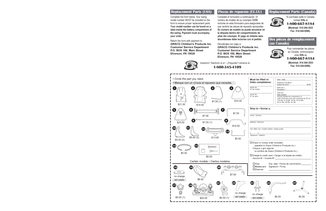 Graco 1423 owner manual Replacement Parts Canada, Des pièces de remplacement au Canada 