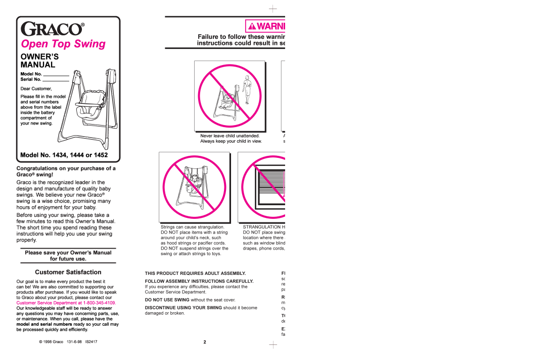Graco 1434, 1444, 1452 manual Model No. 1434, 1444 or, Customer Satisfaction, Open Top Swing 