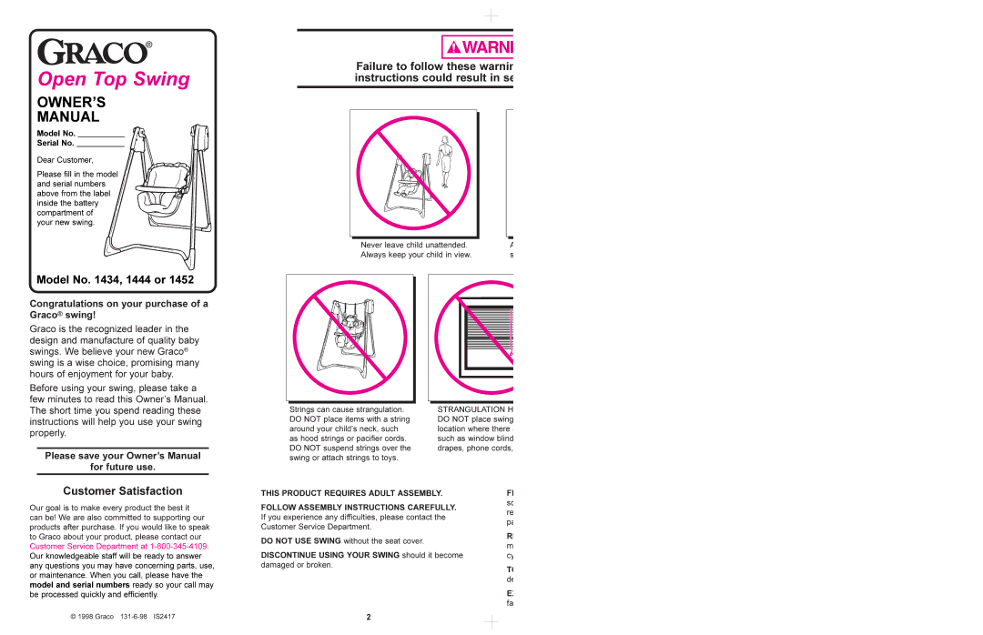 Graco 1434, 1444, 1452 manual Model No , 1444 or, Customer Satisfaction, Congratulations on your purchase of a Graco swing 