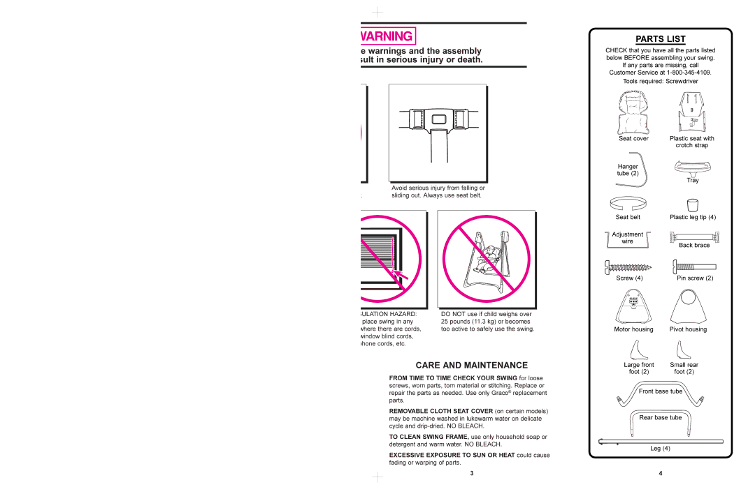 Graco 1434, 1444, 1452 manual Care and Maintenance, Ulation Hazard 