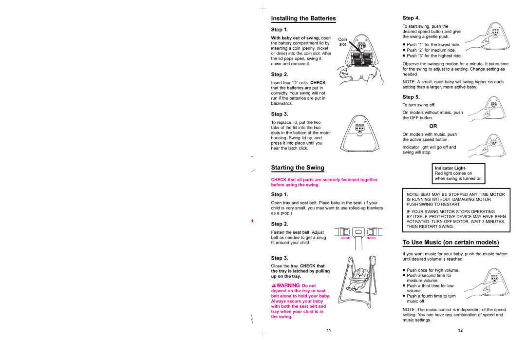 Graco 1434, 1444, 1452 manual Installing the Batteries, Starting the Swing, To Use Music on certain models 