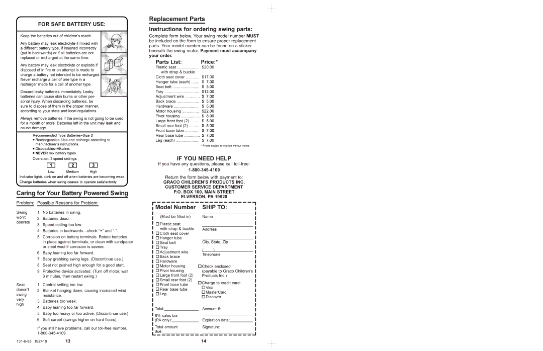 Graco 1434, 1444, 1452 manual Caring for Your Battery Powered Swing, Replacement Parts, Parts List 