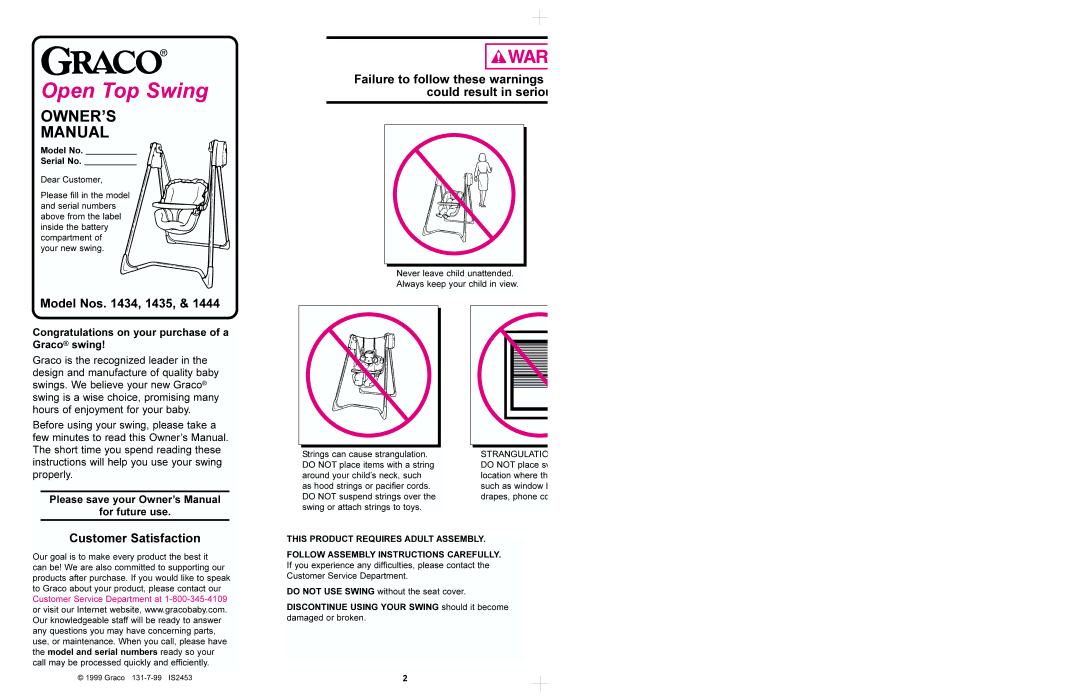 Graco 1444 manual Model Nos , 1435, Customer Satisfaction, Failure to follow these warnings could result in seriou 