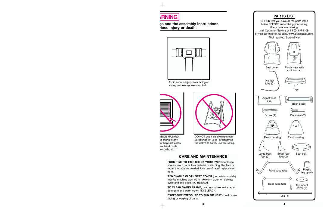 Graco 1435, 1444 manual Gs and the assembly instructions rious injury or death, Ation Hazard 