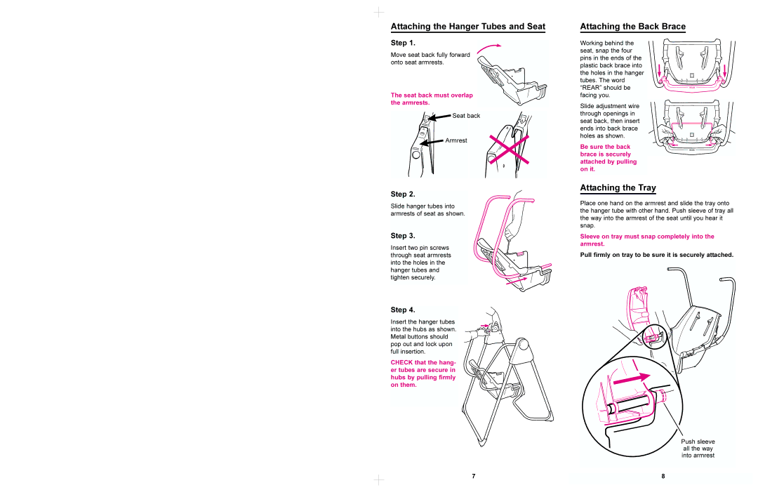 Graco 1435, 1444 manual Attaching the Hanger Tubes and Seat, Attaching the Back Brace, Attaching the Tray 