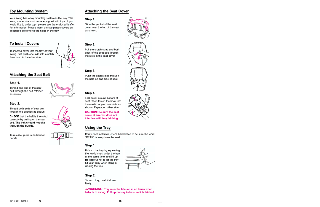 Graco 1444, 1435 Toy Mounting System, To Install Covers, Attaching the Seat Cover, Attaching the Seat Belt, Using the Tray 