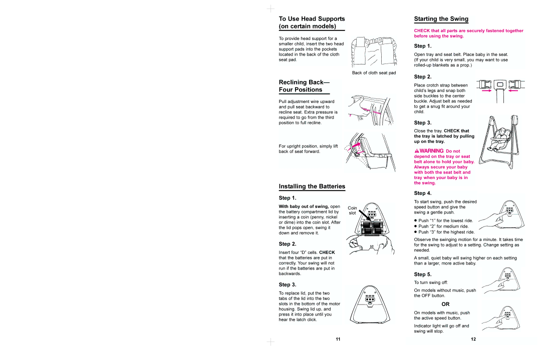Graco 1435, 1444 manual Reclining Back Four Positions, Installing the Batteries Starting the Swing 
