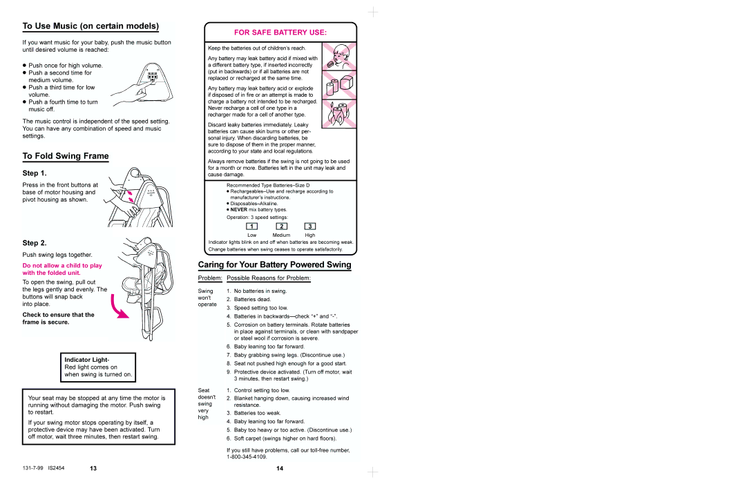 Graco 1444, 1435 manual To Use Music on certain models, To Fold Swing Frame, Caring for Your Battery Powered Swing 